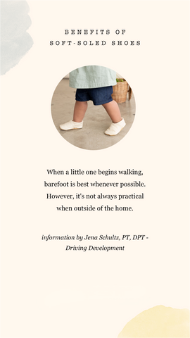 why soft soles? Toddler walking in cream slip-on shoes.