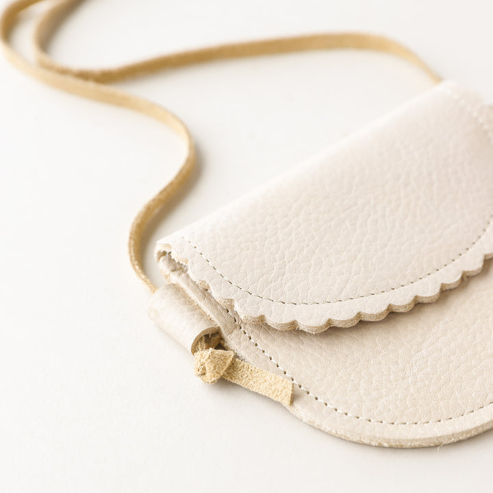 Scalloped Leather Crossbody Kid's Purse in Almond
