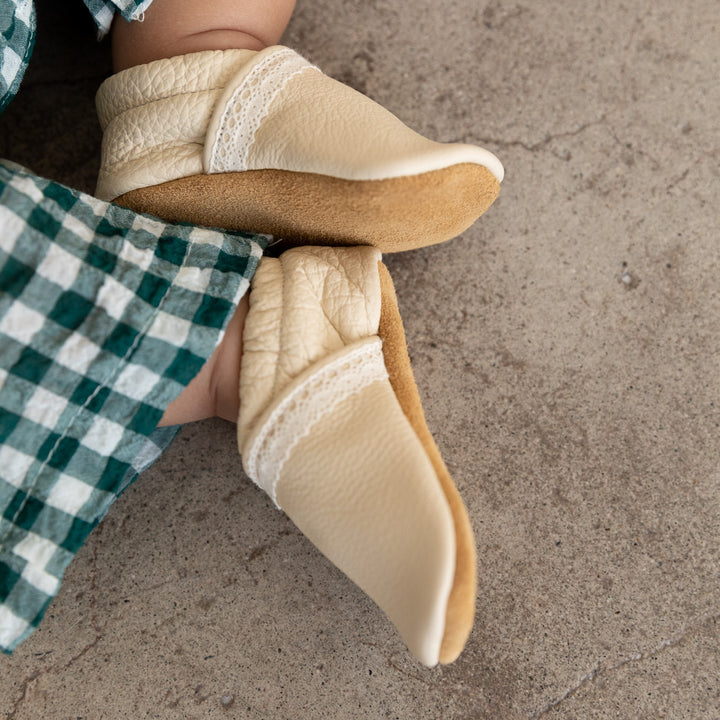 cream leather baby moccs for girls